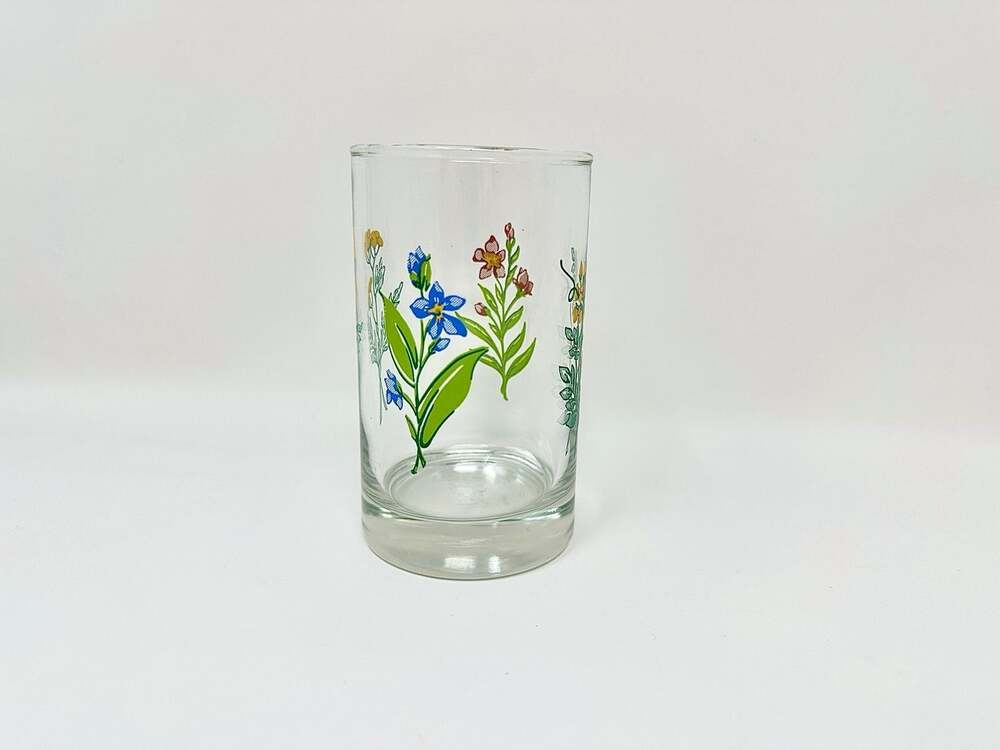 VTG Libbey Crisa Wildflower Tumbler 4” Drinking Glass Cottagecore Floral Marked